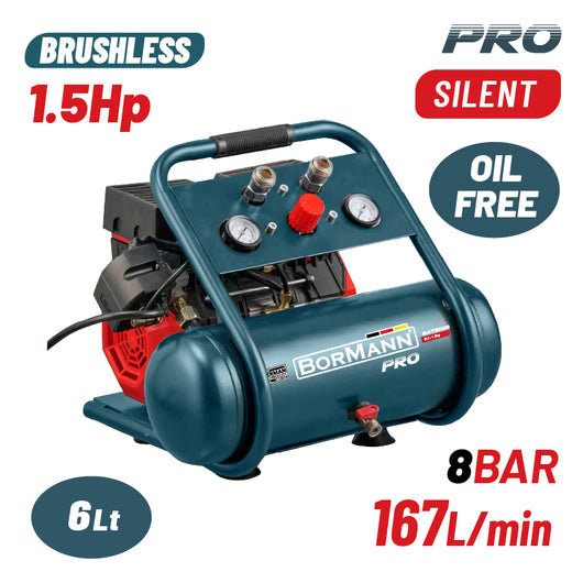 BORMANN BAT5006 Αεροσυμπιεστής Μονομπλόκ,Oil Free,Silent,Brushless,1.5Hp,6L,167L/min - e-mytoolstore.gr