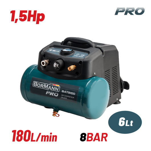 BORMANN Pro BAT5100 Αεροσυμπιεστής Μονομπλόκ, Oil free, Silent, Brushless 1.5Hp, 6Lt, 180L/min