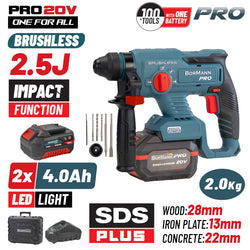 BORMANN Pro BBP5301X44CA Πνευματικό Σκαπτικό Μπαταρίας 20V,2x4Ah,Brushless,2.5J,SDS-Plus & Βαλίτσα - e-mytoolstore.gr