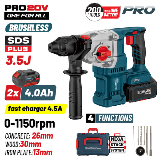 BORMANN Pro BBP5316X44CA Πνευματικό Σκαπτικό Μπαταρίας SDS-PLUS Brushless 20V, 2x4.0Ah,3.5J
