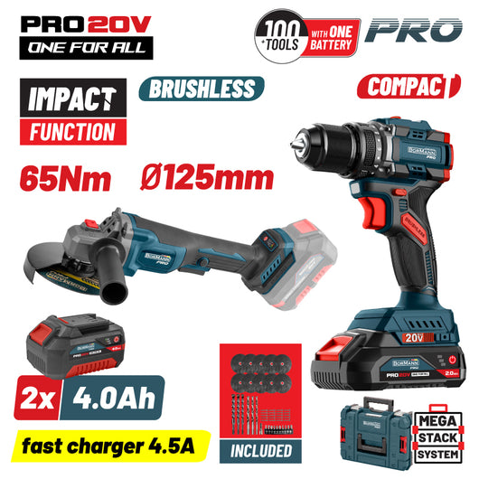 BORMANN Pro BBP5433X44T2CA Σετ Compact Brushless Κρουστικό Δραπαν/βιδο 65Νm & Γωνιακός Τροχός, ΒMC - e-mytoolstore.gr