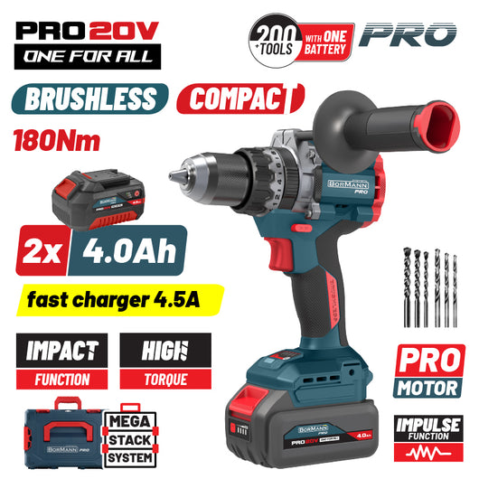 BORMANN Pro BBP5461X44CA Δραπανοκατσάβιδο Κρουστικό, Compact, Brushless Mπαταρίας 20V,Li-Ion,2x4.0Ah - e-mytoolstore.gr