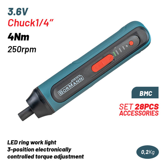 BORMANN BCD1051CA Κατσαβίδι Μπαταρίας 3.6V,Li-Ion,4Nm,250rpm,3 Θέσεις Ροπής,Led,BMC,Σετ 28 Αξεσουάρ