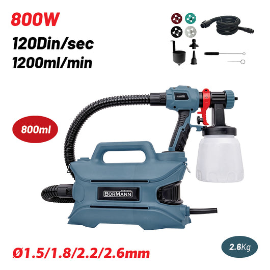 BORMANN BPG9110 Πιστόλι Βαφής Ηλεκτρικό HVLP 800W, ΣΩΛΗΝΑΣ 2m, 800ml, 120din, Φ1.5/1.8/2.6mm