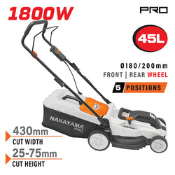NAKAYAMA EM4021 Χλοοκοπτική Ηλεκτρική 1800W, Κοπή 43cm, Κάδος 45L, Ρύθμιση 5 Θέσεων (25-75mm) - e-mytoolstore.gr